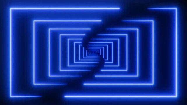 Abstract neon square tunnel animation loop, glowing blue geometric lines forming futuristic infinite corridor, sci fi background