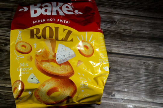 Cairo, Egypt, April 28 2026: a bag of Bake Rolz Mix Cheese Flavor, a crunchy snack made from toasted wheat rolls, These snacks are specifically marketed as being baked, not fried
