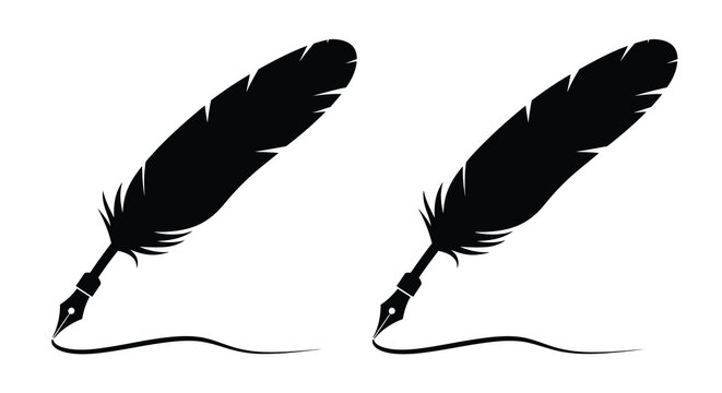 Two black quill pens with feather details isolated silhouette