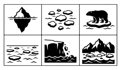 Arctic landscape icon set featuring icebergs, polar bears, and glaciers, environment vector silhouettes illustrating climate change and arctic nature © Nayan