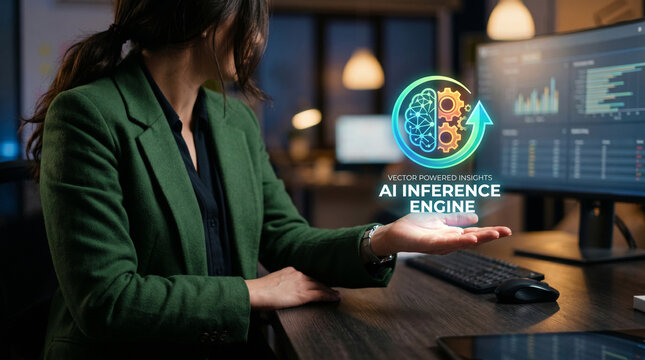 Ai inference engine, business woman at desk in office with digital interface, futuristic artificial intelligence concept and technology