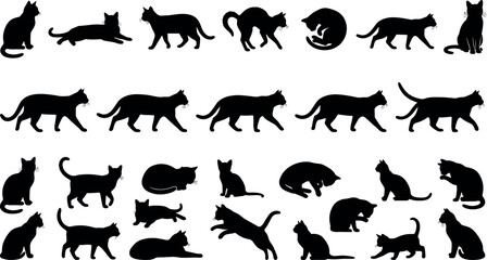 Naklejka premium Large collection of black cat silhouettes in various poses including walking jumping sitting and stretching isolated on whiteLarge collection of black cat silhouettes 