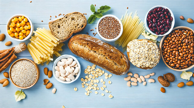 Flat lay of healthy carbohydrates with bread pasta and grains on a blue background