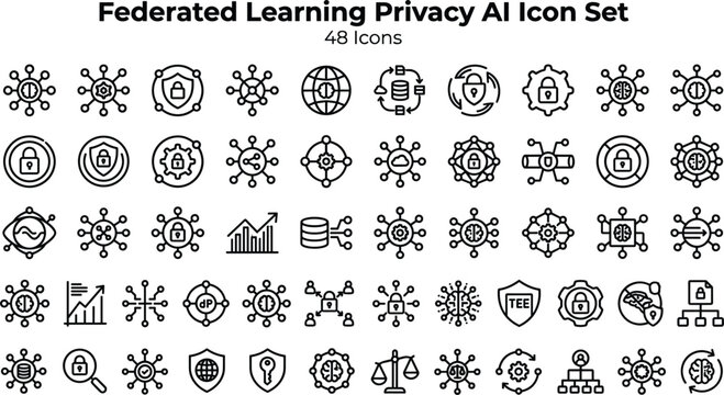 Federated Learning Privacy AI Icon Set Featuring Secure Data Sharing, Decentralized Models, Encryption and Privacy Preserving Concepts