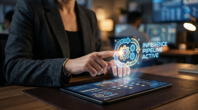 Ai inference pipeline active on tablet in dark office, finger touch interface, futuristic automation