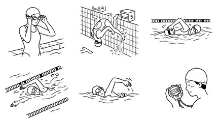 Fototapeta premium Charming swimming line art depicting various swimming styles.