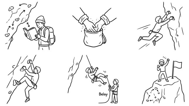 Colorful climbing line art depicting rock climbing adventures.
