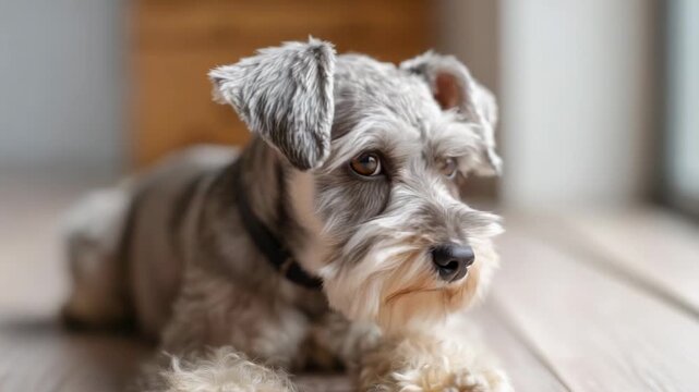 Cute dog lies on the floor in a bright room during the day with soft lighting and a calm atmosphere
