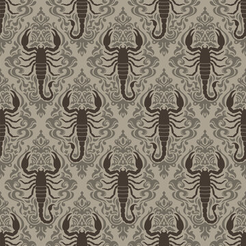 Seamless Scorpion Damask Pattern, Gothic Luxury Ornamental Silhouette in Vintage Taupe and Charcoal Brown