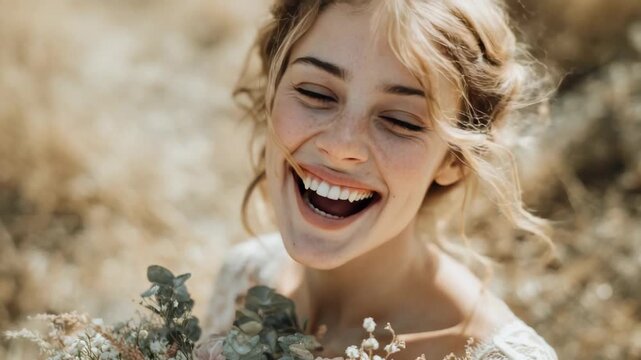 Smiling woman holding flowers outdoors in sunlight while standing among dry grass in a warm season