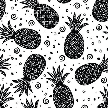 Seamless Black and White Hand Drawn Tropical Pineapple Pattern with Decorative Swirls