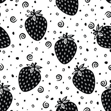 Seamless Black and White Hand Drawn Strawberry Pattern with Decorative Swirls