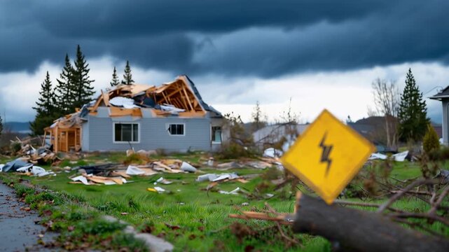 Storm damage in a neighborhood with fallen trees and debris from houses in the background