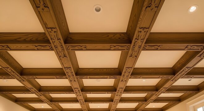 Elegant Coffered Ceiling with Intricate Wood Detailing.
