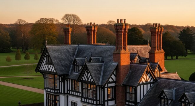 Majestic Tudor Revival Mansion Facade Bathed in Golden Hour Sunset Light