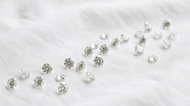 Sparkling brilliant cut diamonds scattered across soft white fabric, representing luxury, wealth, beauty, and timeless elegance in jewelry and investment