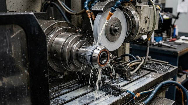 Close medium view of a sealed ER collet undergoing grinding with precision equipment to ensure dust and debris resistant performance.