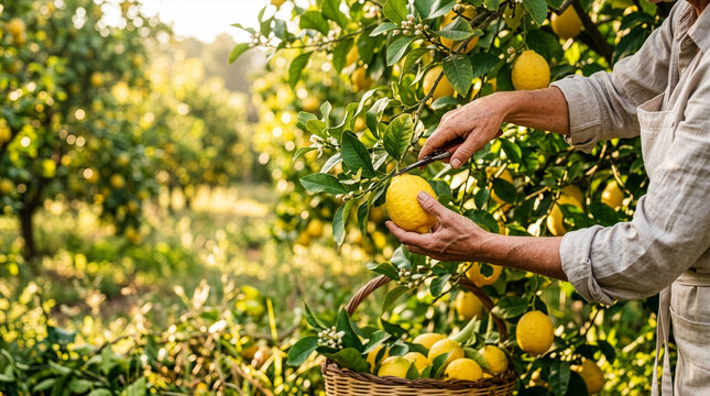 Hands harvesting a ripe lemon with pruning shears into a wicker basket of sunlit citrus in a sustainable orchard, evoking traditional farming and organic, seasonal produce