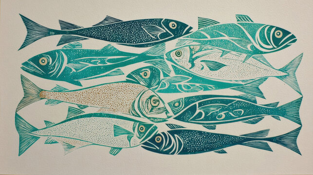 Handmade linocut fish illustration print in blue and teal colors on white paper, artistic marine pattern design of school of fish swimming together, nautical block print artwork for coastal decor