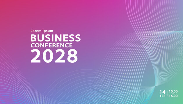 Business conference webinar banner template featuring modern abstract purple and green fluid wavy lines background for marketing strategy corporate event online seminar presentation header.