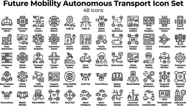 Future Mobility Autonomous Transport Icon Set Featuring Self Driving Vehicles, Smart Traffic, Navigation, AI Systems and Connected Mobility Concepts