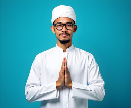 Handsome Young Balinese Man Wearing Traditional Udeng Greeting with Welcome Gesture, Indonesian Culture Portrait
