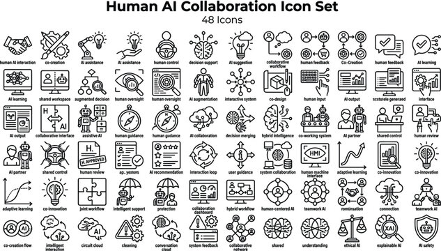 Human AI Collaboration Icon Set Featuring Co-Creation, Decision Support, Automation, Human Feedback and Intelligent Workflow Concepts