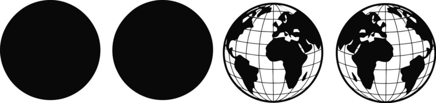 Collection of black globe icons and solid circles representing planet earth world map geography global communication and international business connections.