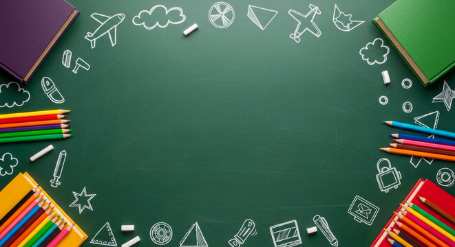 Back to school September learning chalkboard frame with books, pencils, classroom doodles and copy space. Vertical education background for study, teaching, lesson planning and academic design.