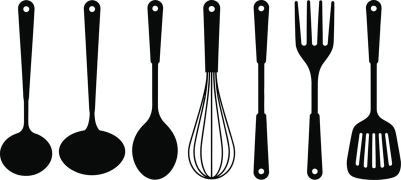 Collection of black kitchen utensil silhouettes including ladle spoon whisk fork and spatula isolated on white background for culinary design.