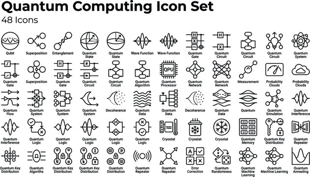 Quantum Computing Icon Set Featuring Qubits, Entanglement, Superposition, Quantum Circuits, Algorithms and Advanced Physics Technology Concepts