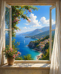 Obraz premium Open Window with Breathtaking Summer Coastal View, Sunlight Sea Landscape, Oil Painting Style