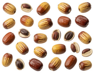Obraz premium Collection of fresh jujube fruits and sliced halves showing seeds isolated on white background