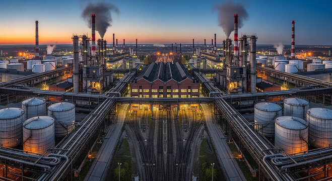 Industrial factory complex at sunset with smokestacks