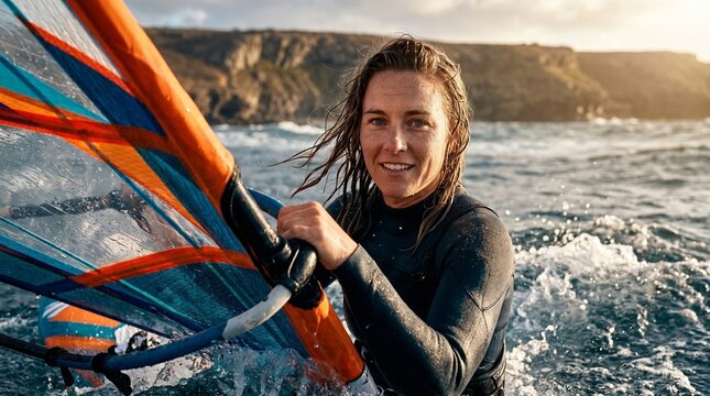 Woman windsurfer sailing on ocean water at sunset. Sportswoman with board riding waves in sea. Summer active lifestyle, travel, extreme water sport adventure and recreation activity.