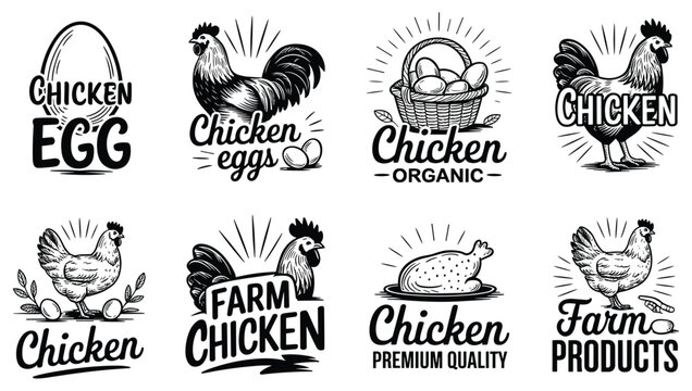 Chicken Farm Product: A series of retro illustrations of farm-fresh food products. Chicken eggs illustration, vintage logo designs, product logo, hand drawn illustrations, organic food label.