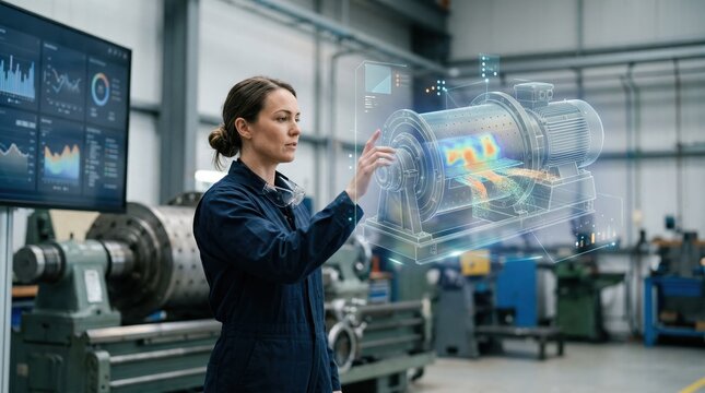 Medium shot of an engineer interacting with a virtual 3D digital twin of an industrial mill analyzing realtime data through a sleek cloudbased dashboard interface.