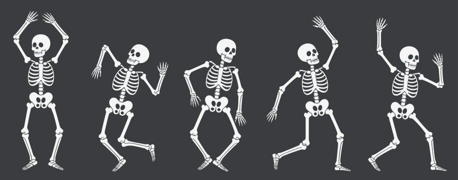 Dancing Skeleton Figures: Five skeletons joyfully dance against a dark background, showcasing skeletal structure. Bone structure, halloween, spooky design, medical illustration, body skeleton.