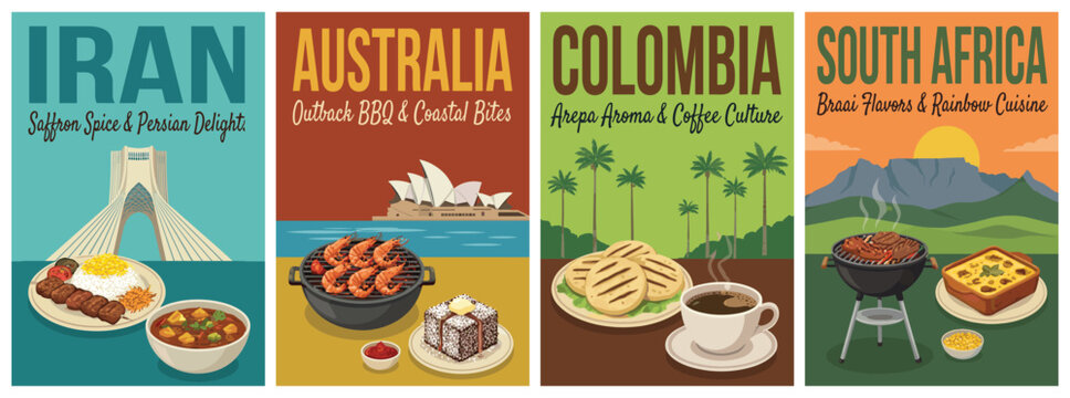 Vintage food travel poster set. Including iran saffron rice, australia bbq prawns, colombia arepa coffee, and south africa braai. Retro vector illustration.
