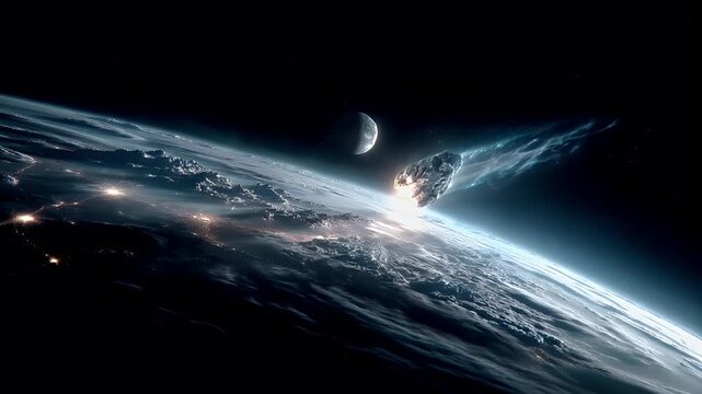 Space universe exploration, fantasy, mysterious. A vivid, highresolution digital artwork depicts a celestial scene. A large, jagged meteor or asteroid is the main subject, emitting a bright.