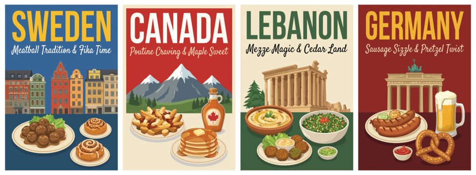 Vintage food travel poster set. Including sweden meatballs, canada poutine, lebanon falafel, and germany sausage. Retro vector illustration.