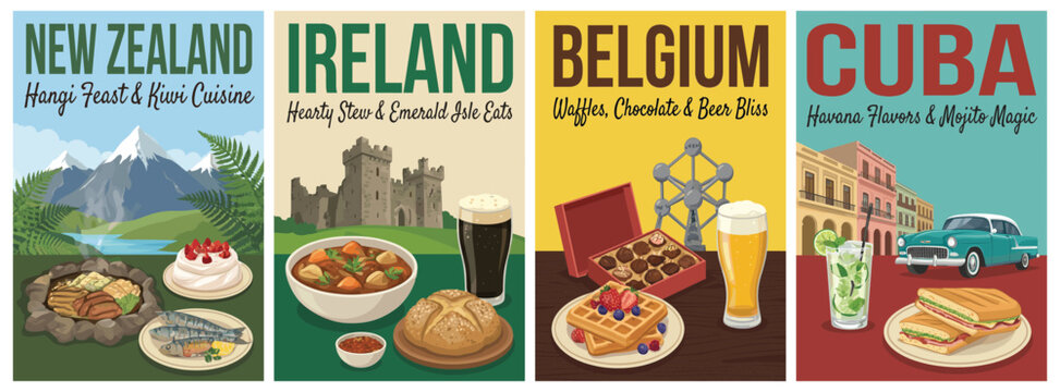 Vintage food travel poster set. Including new zealand hangi, ireland stew, belgium waffles, and cuba mojito. Retro vector illustration.