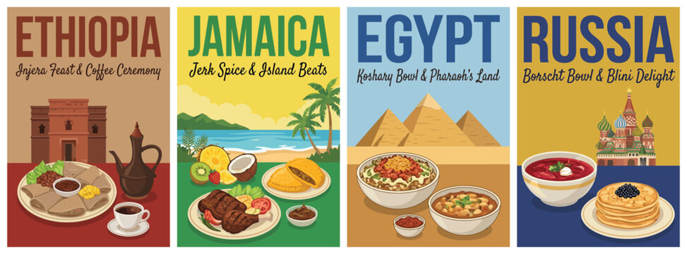 Vintage food travel poster set. Including ethiopia injera, jamaica jerk chicken, egypt koshary, and russia borscht. Retro vector illustration.
