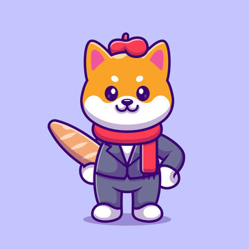 Cute Shiba Inu Dog Artist Holding Bread Cartoon
