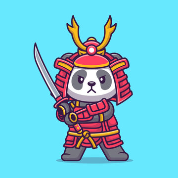 Cute Panda Samurai With Katana Sword Cartoon