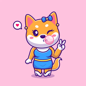 Cute Shiba Inu Dog Girl Blowing Candy Bubble Gum Cartoon 