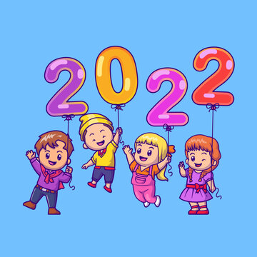 Cute Kids Holding Balloon New Year 2022 Cartoon