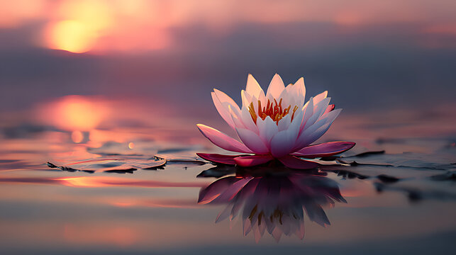 a serene lotus flower floating on the water at sunset