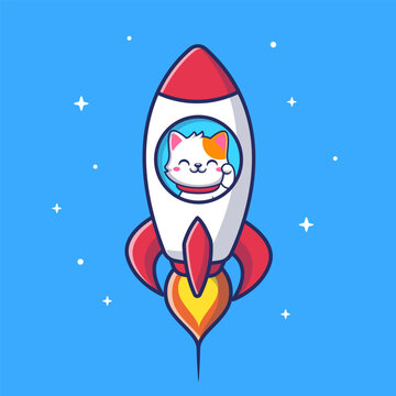 Cute Cat Riding Rocket Cartoon