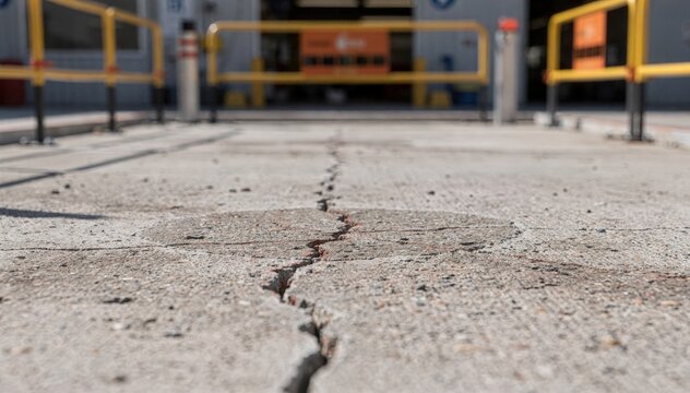Medium shot of cordoned concrete deck test area with sharp focus on selfhealing surface cracks and blurred background safety barriers.